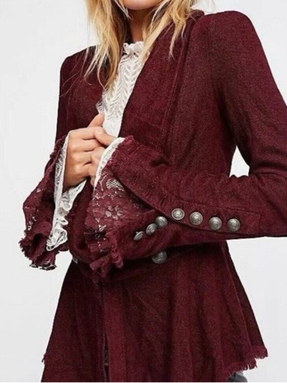 Free People Throwback Corduroy Wine Lace-Trim Tailored military Blazer xs